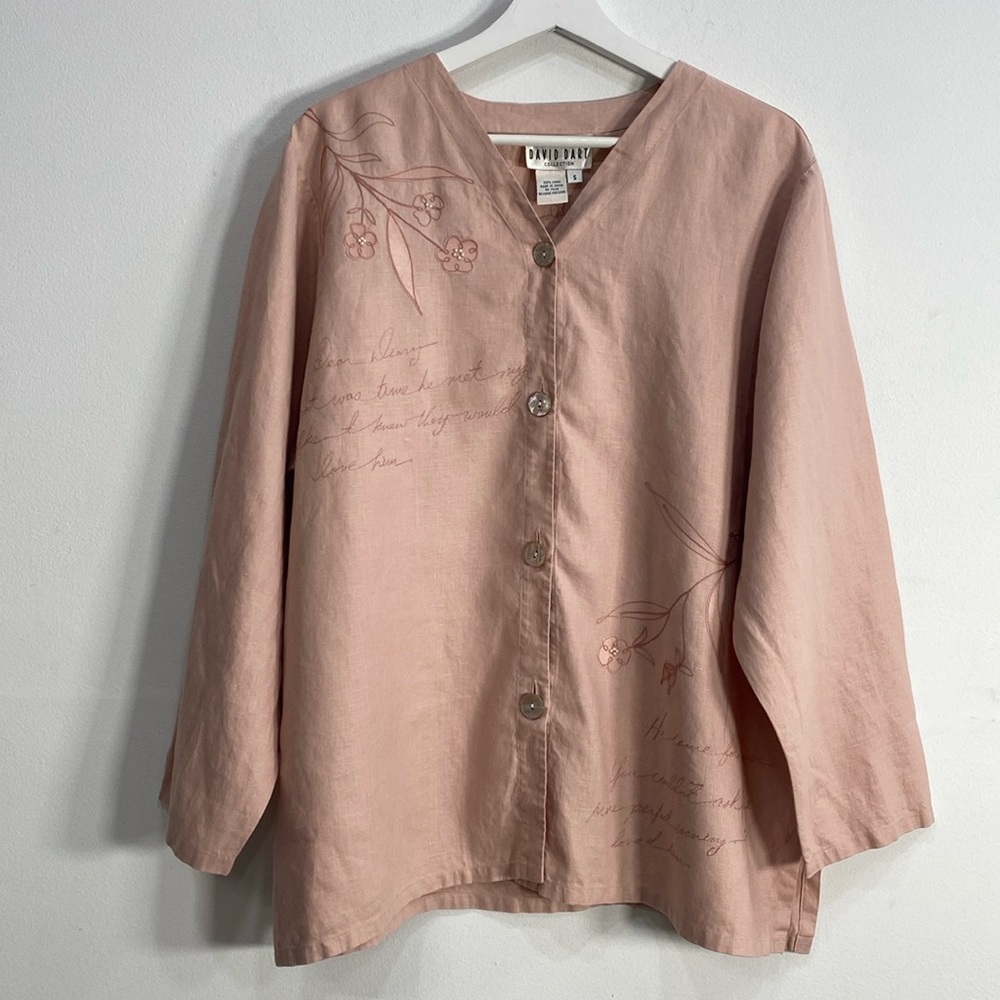 Vintage Romantic Linen Button Down Top Embroidered Diary Writing Small